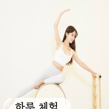 래더 배럴에 다리를 올리고 팔을 뻗은 동작과 하루 체험 안내 문구.