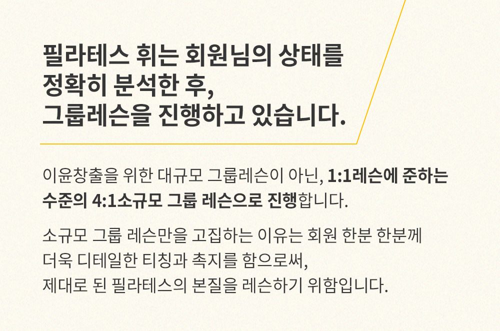 회원님의 상태를 정확히 분석한 뒤 4대 1 소규모 그룹 레슨으로 진행한다는 안내.